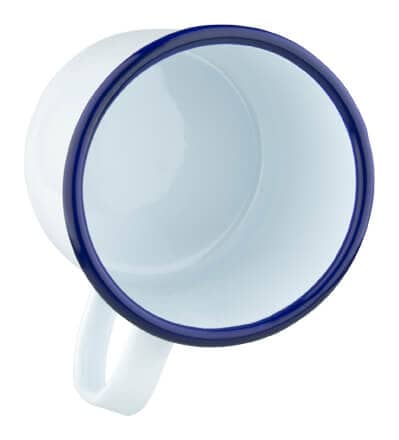 Taza esmaltada con asa, blanca con borde azul - 360 ml
