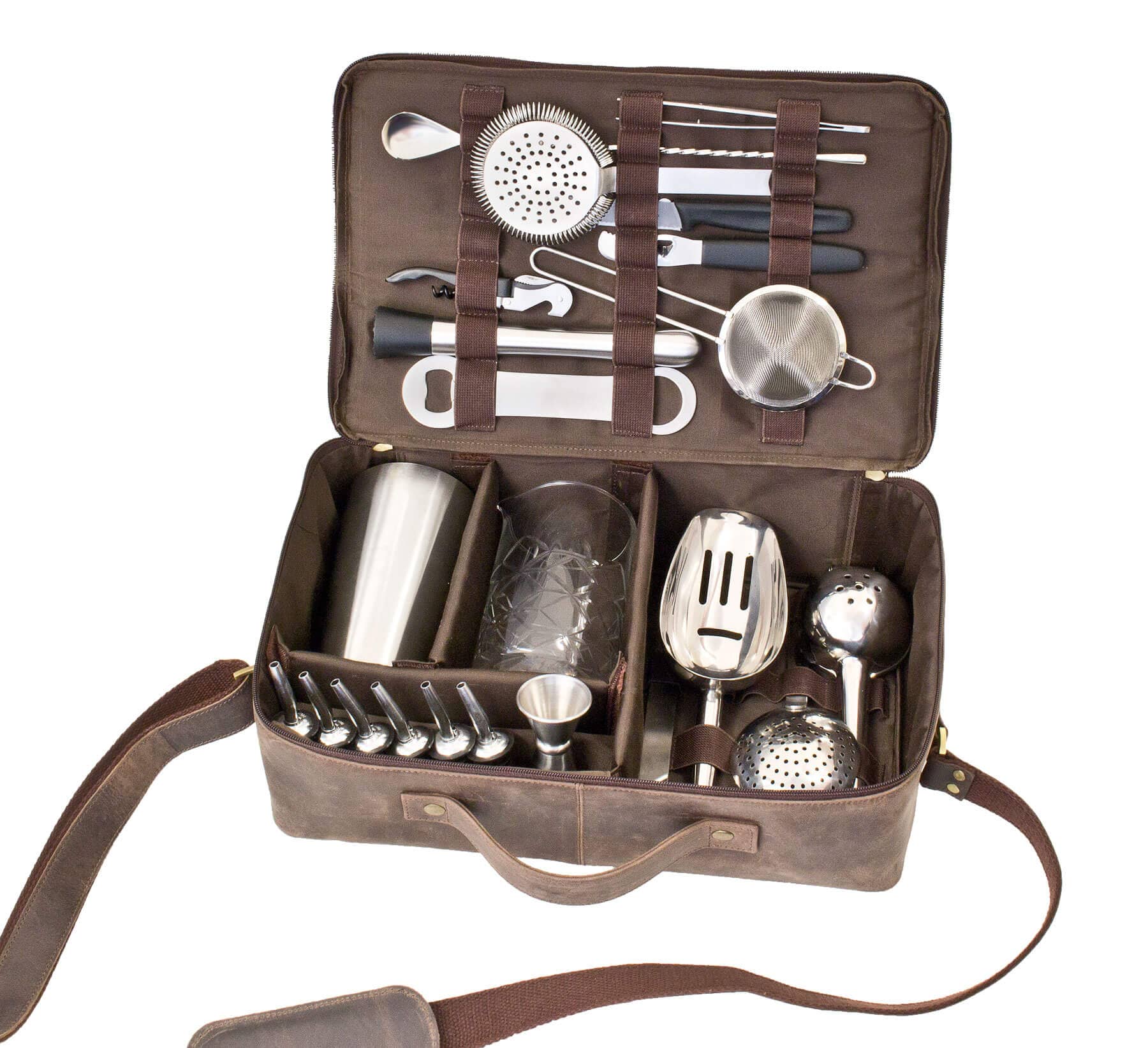 Bolsa de barman de cuero, marrón, Prime Bar, con accesorios de bar (Deluxe)