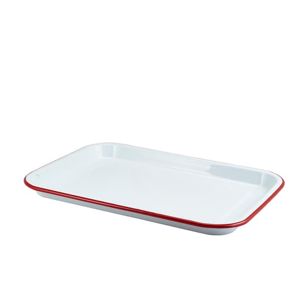 Plateau de service en émail, blanc avec bord rouge - 33,5x23,5x2,2cm
