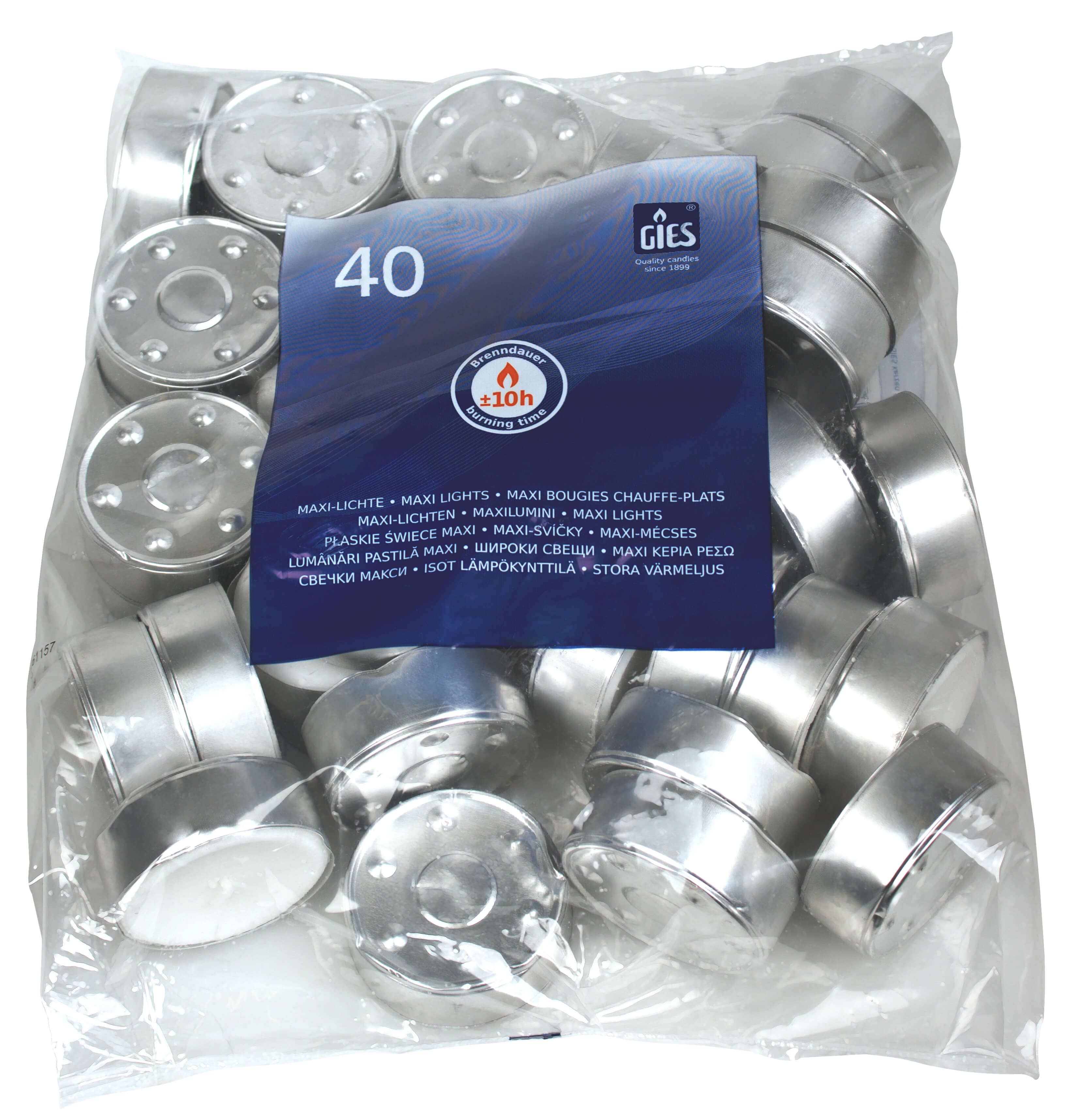 Maxi Teelichter, Gies, 10 Std, 23x59mm - weiß (40 Stk.)