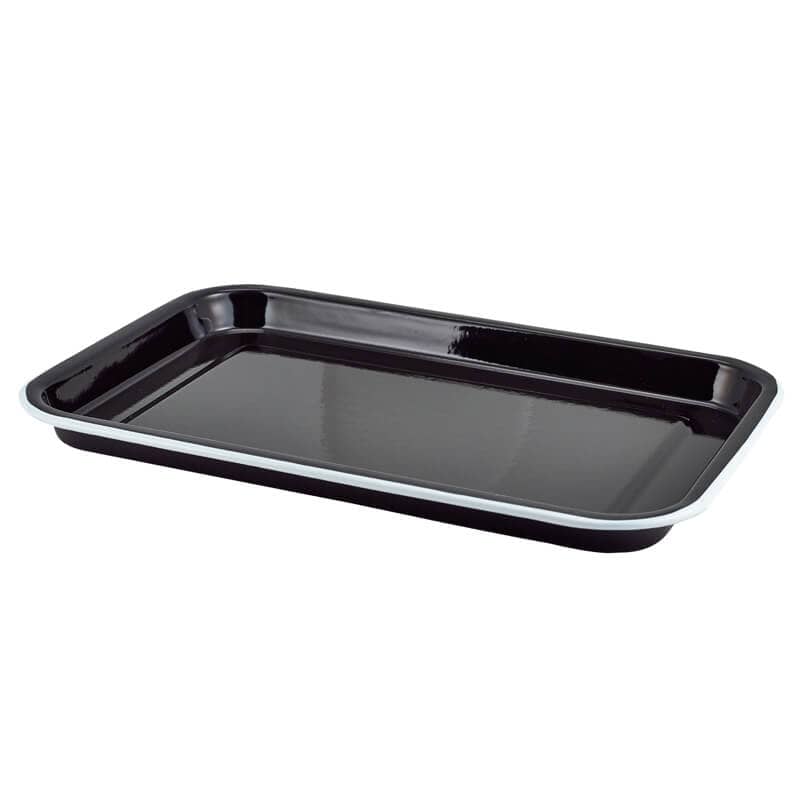 Plateau de service en émail, noir avec bord blanc - 33,5x23,5x2,2cm