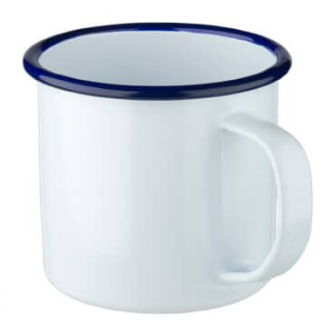 Taza esmaltada con asa, blanca con borde azul - 360 ml