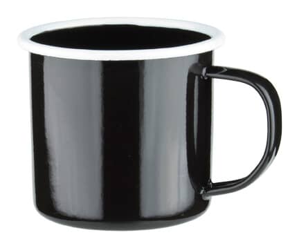 Emaille-Becher mit Henkel, schwarz mit weißem Rand - 360ml