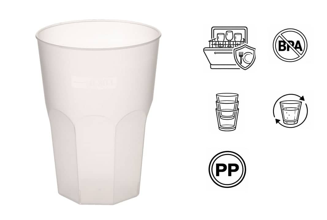Kunststoffbecher Mehrweg light, Polypropylen, frosted - 420ml, 2cl/4cl/0,3l FS (20 Stk.)