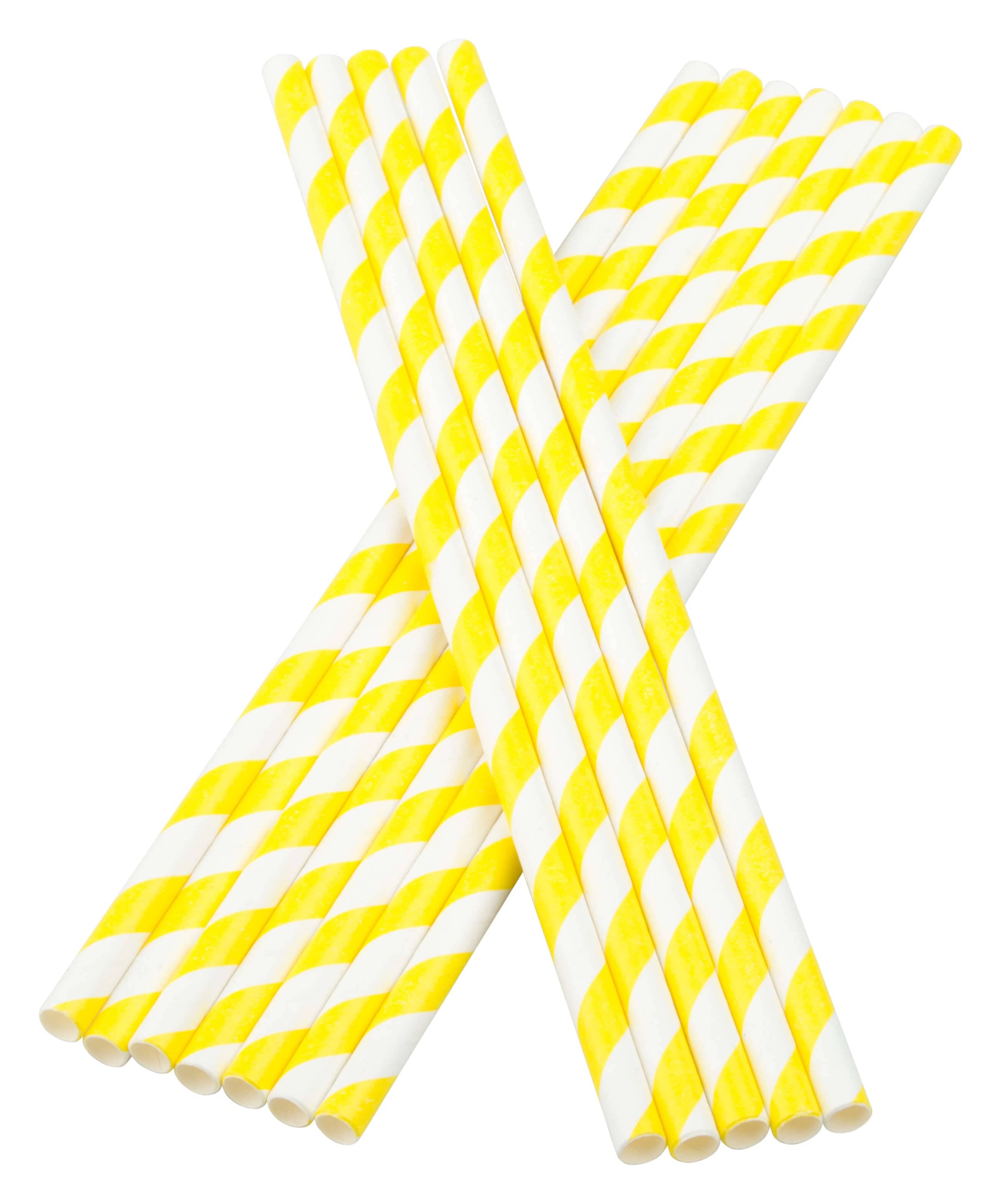 Pajitas, papel (6 x 195 mm), rayas (amarillo y blanco) - 100 uds.