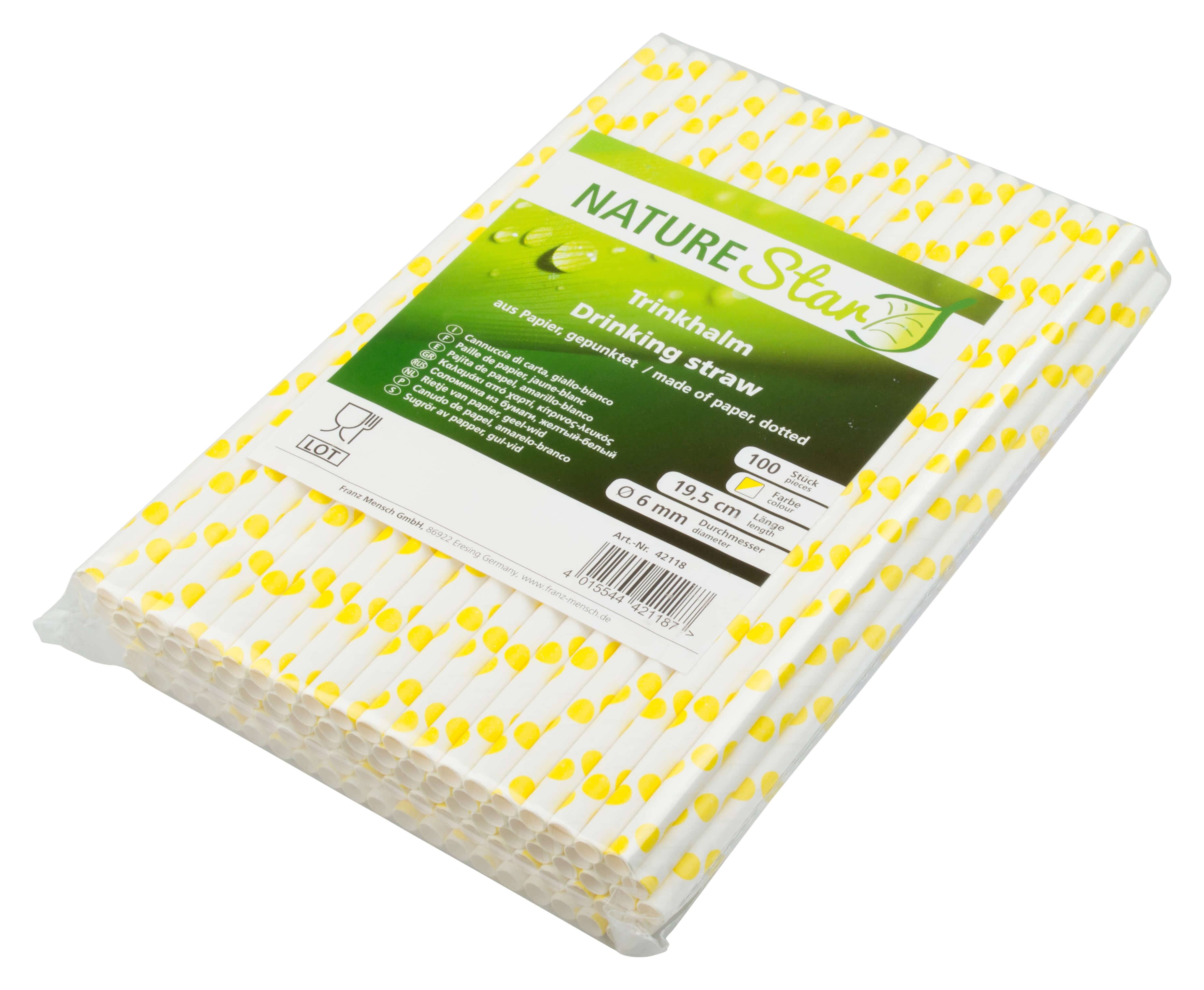 Pajitas, papel (6 x 195 mm) - Puntos (amarillo y blanco) - 100 uds.