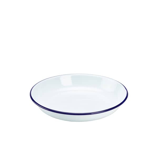 Assiette creuse en émail / assiette à pâtes, blanche avec bord bleu - 22 cm