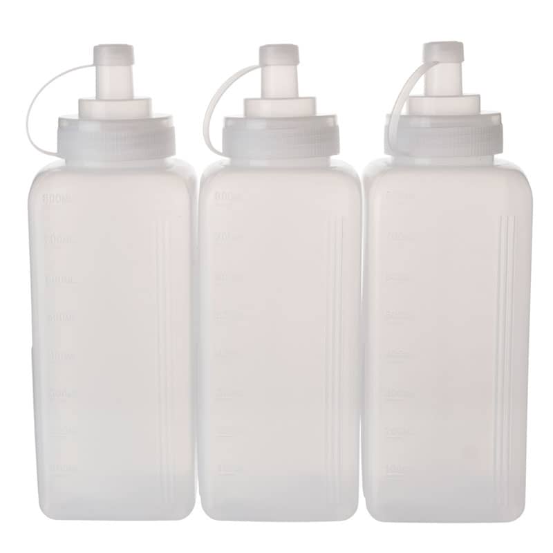Botella exprimible angular, polietileno transparente - 800 ml (3 uds)