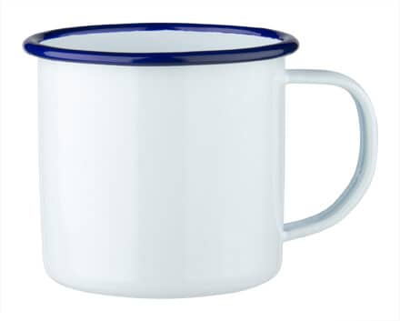 Taza esmaltada con asa, blanca con borde azul - 360 ml