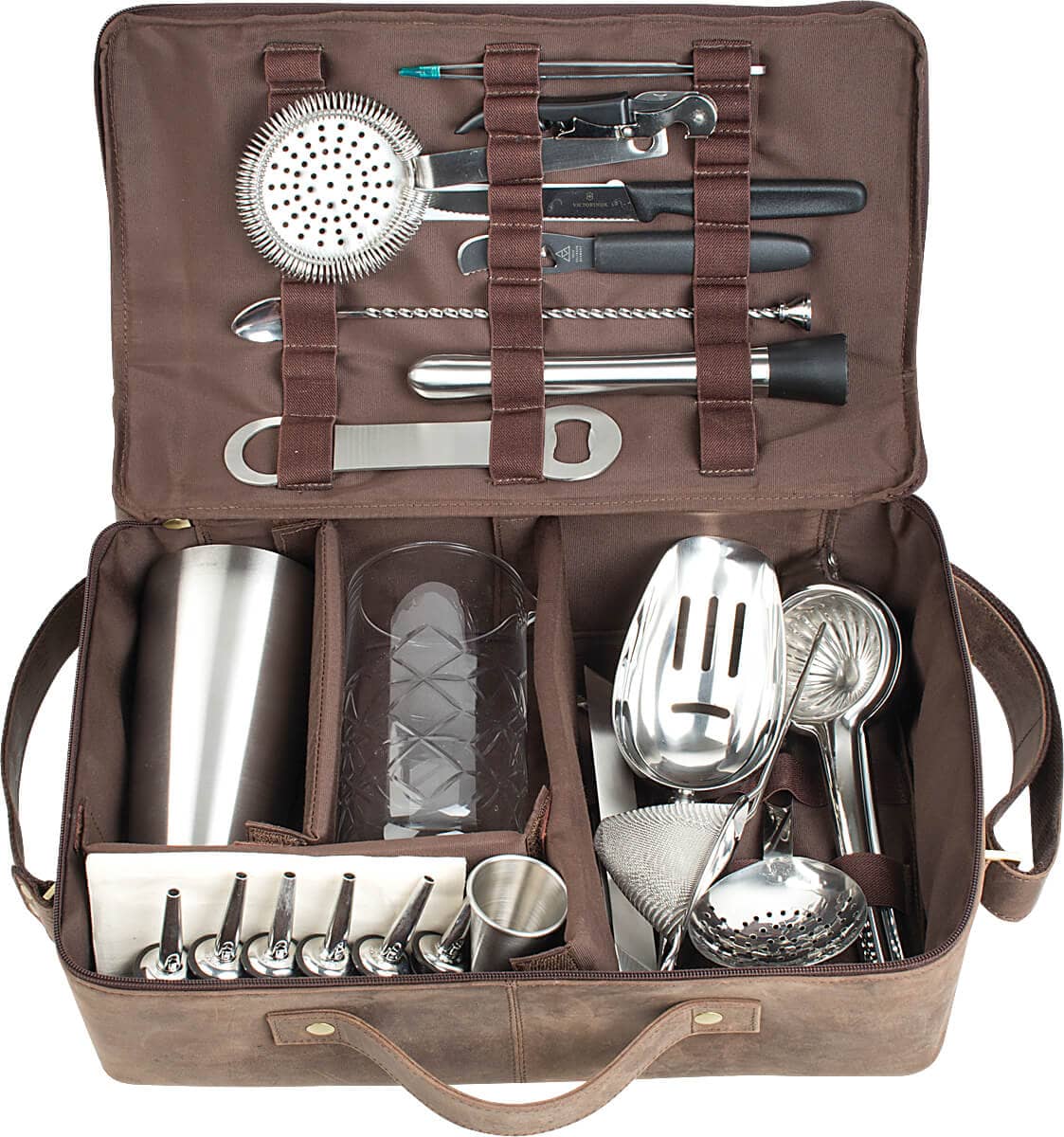 Bolsa de barman de cuero, marrón, Prime Bar, con accesorios de bar (Deluxe)