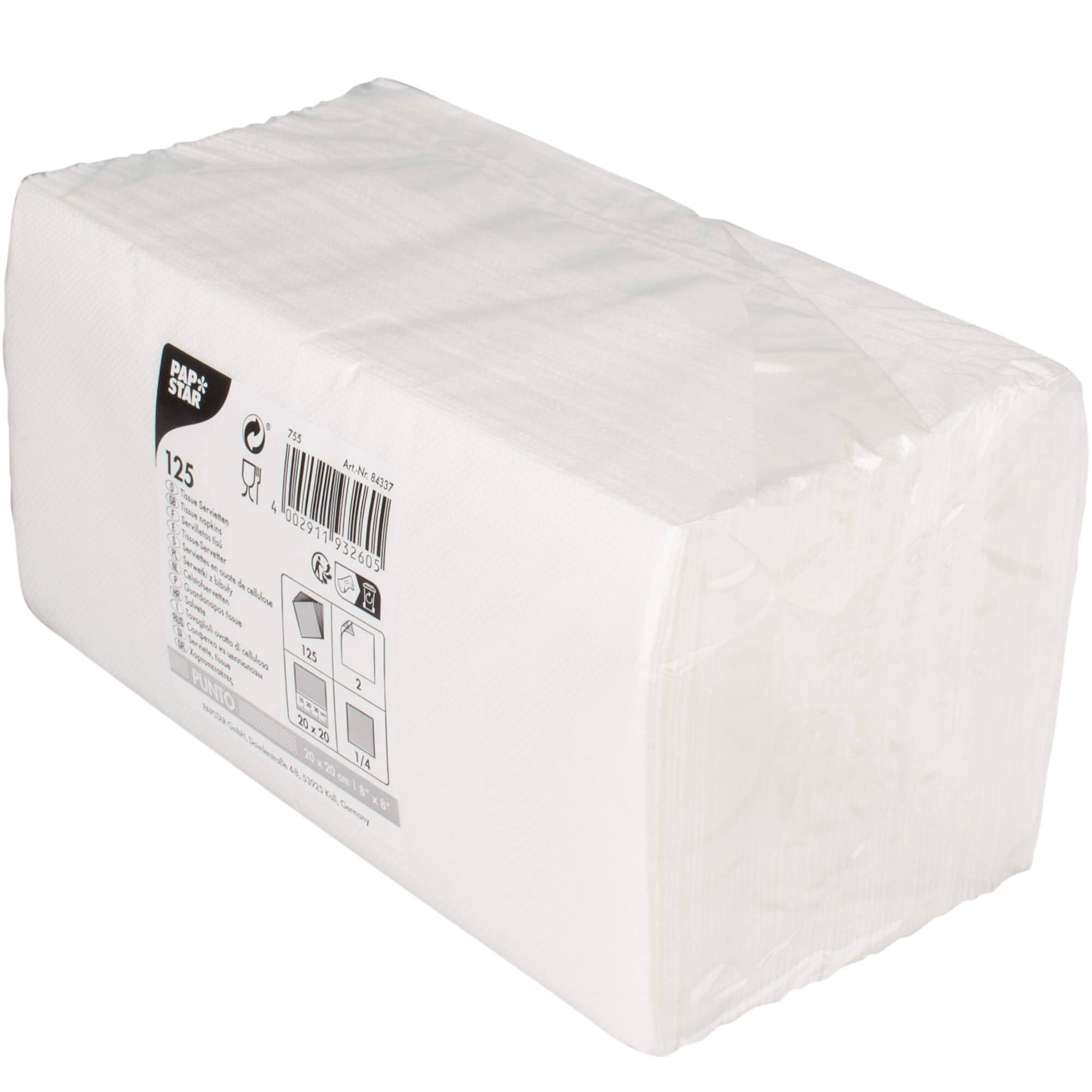 Cocktailservietten 20x20cm, 1/4 Falz, 2-lagig - weiß (125 Stk.)
