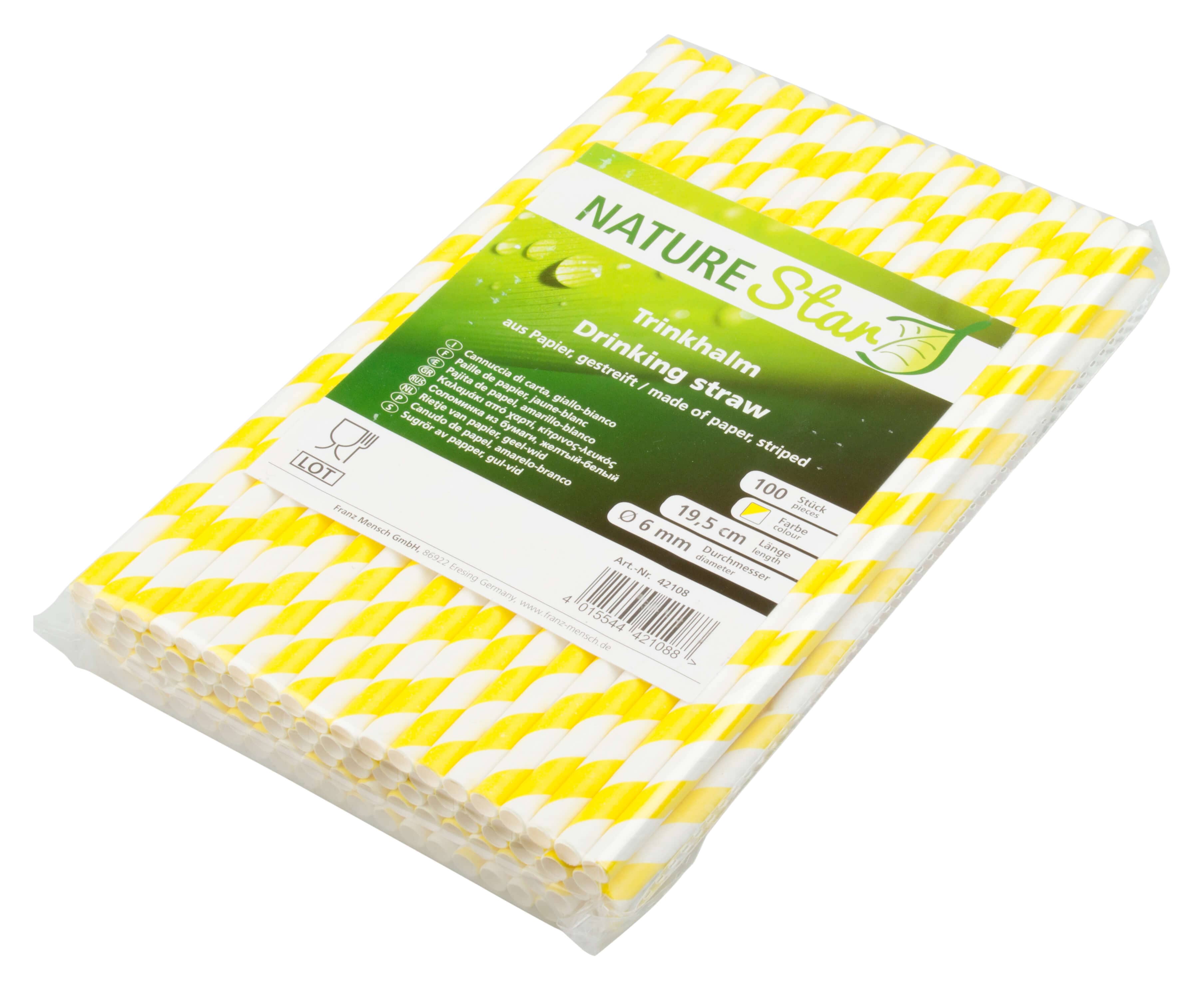 Pailles, papier (6x195mm), bandes (jaune-blanc) - 100 pcs.