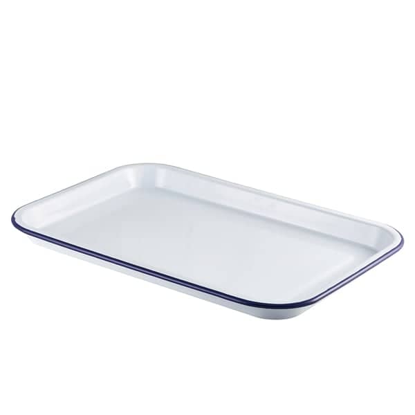 Plateau de service en émail, blanc avec bord bleu - 38,2x26,4x2,2cm