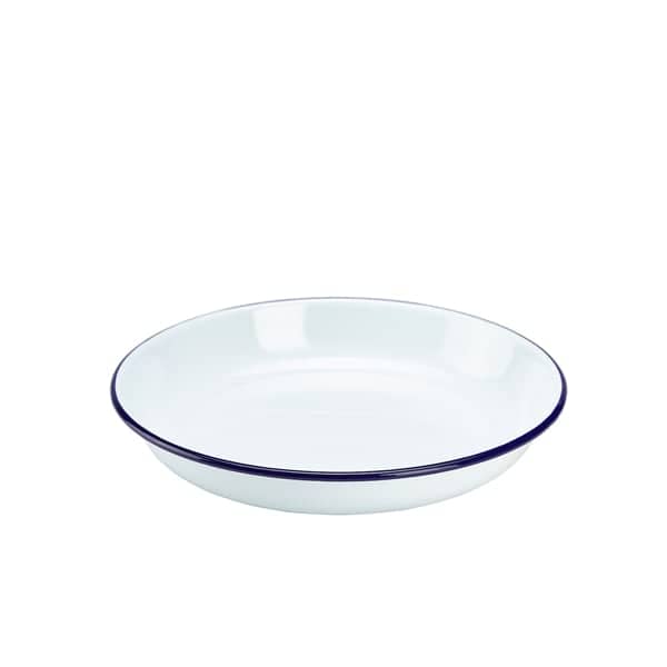 Plato hondo esmaltado / plato para pasta, blanco con borde azul - 24 cm