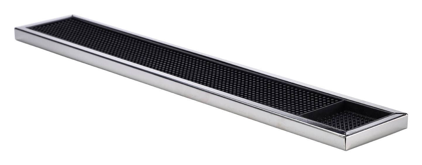 Bar mat, with stainless steel frame, with shot glass - 60.5 x 10 cm