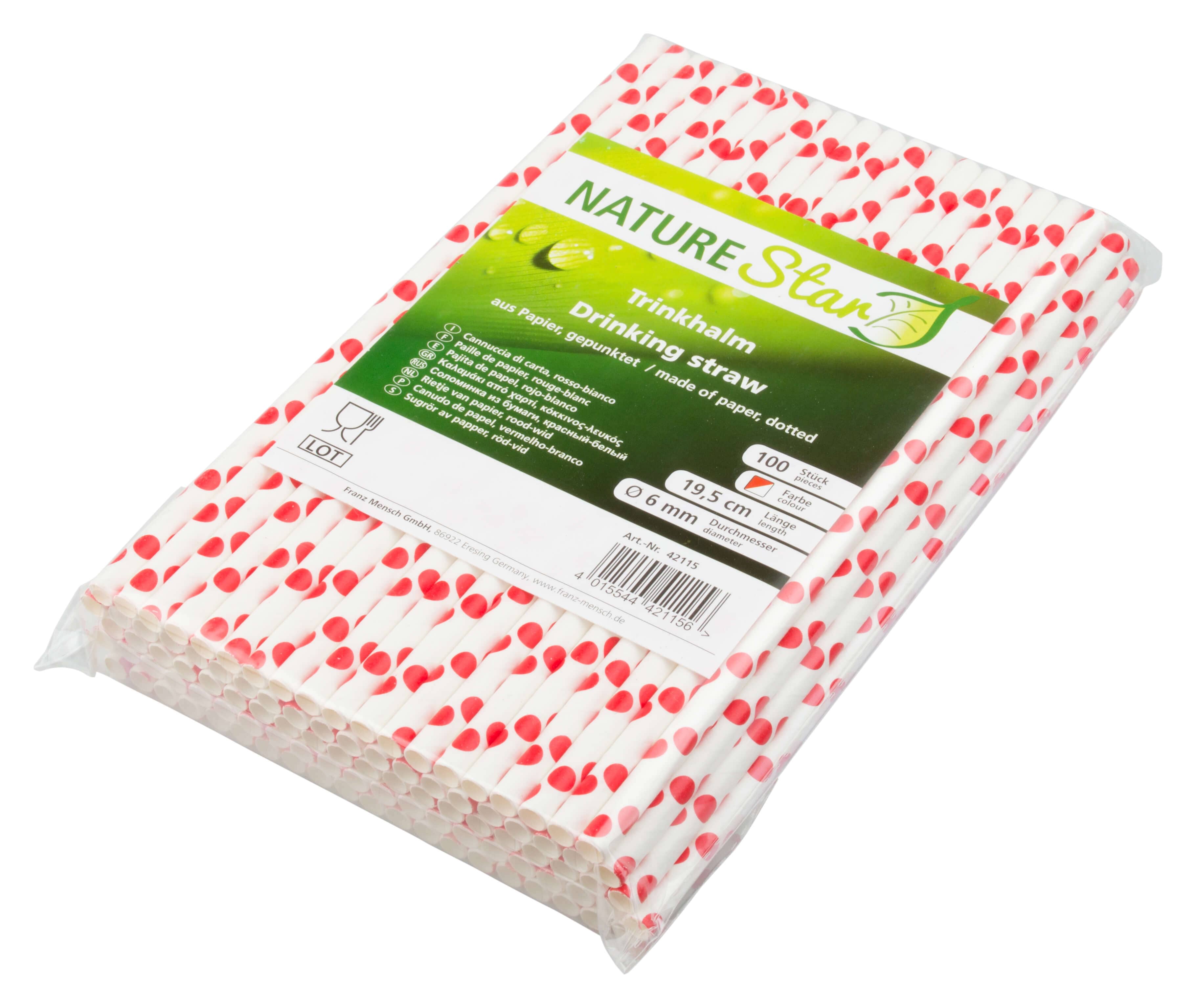 Pajitas, papel (195 x 6 mm), lunares (rojo y blanco) - 100 uds.