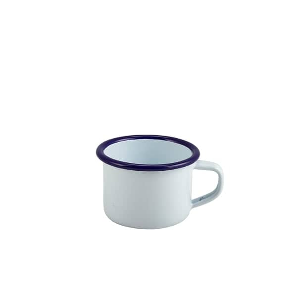 Emaille-Becher mit Henkel, weiß mit blauem Rand - 120ml