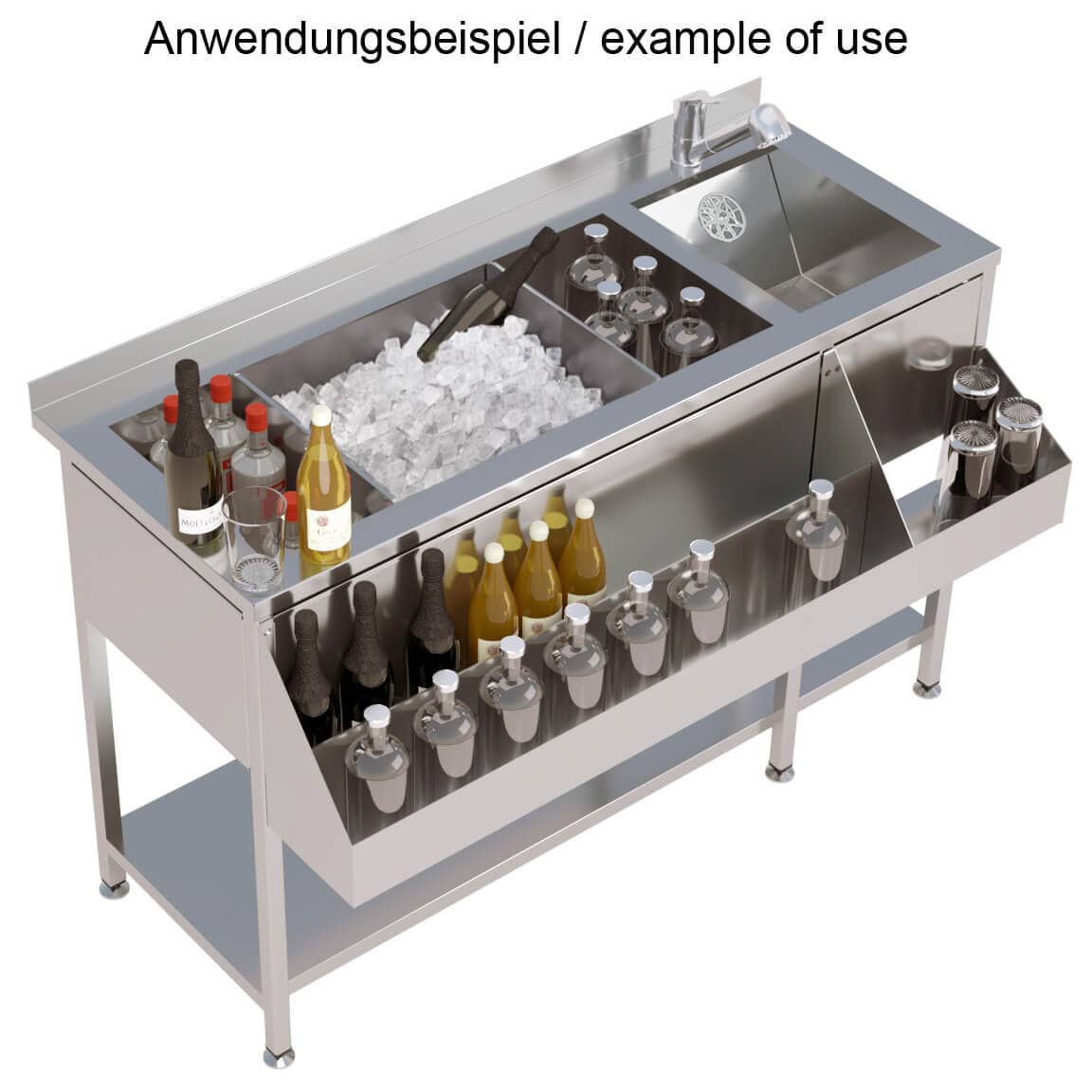 Cocktailstation mit Waschbecken, Edelstahl - 140x74x90 cm