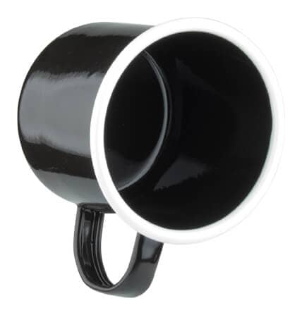 Enamel mug with handle, black with white rim - 360ml