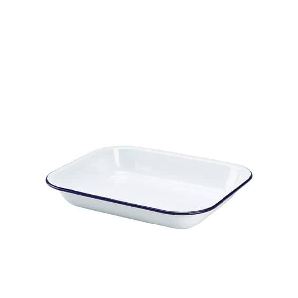 Fuente para horno esmaltada, blanca con borde azul - 28 x 23 x 4,5 cm