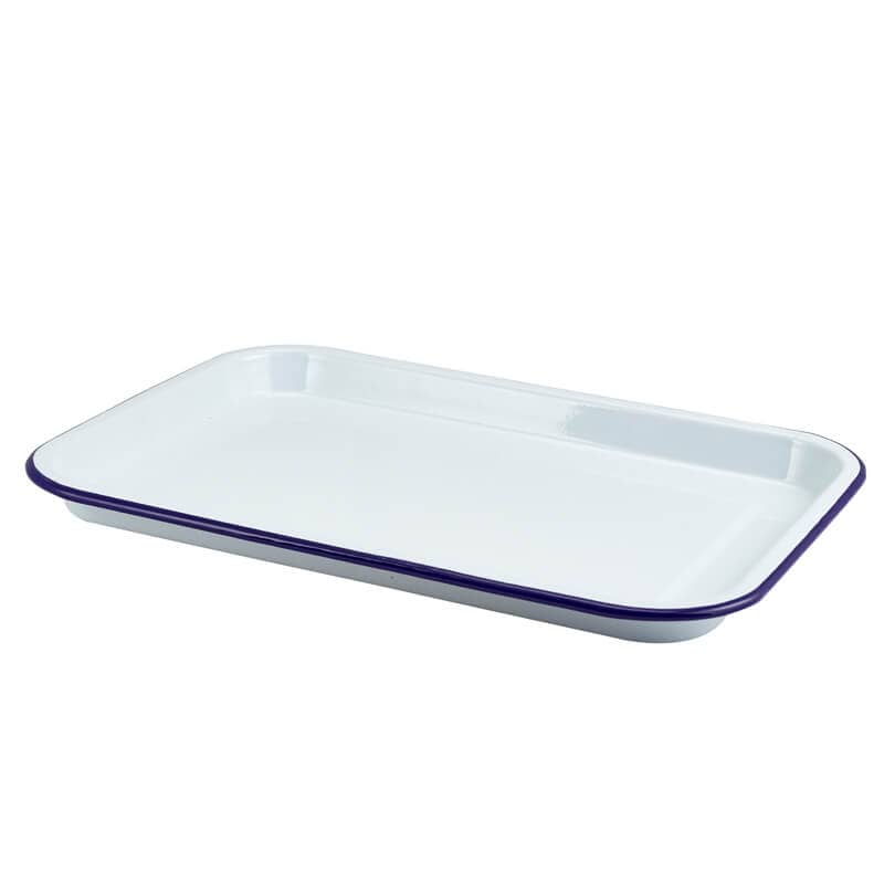 Plateau de service en émail, blanc avec bord bleu - 33,5x23,5x2,2cm