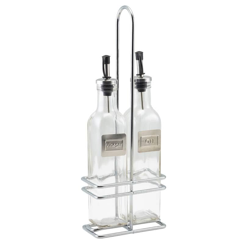 Bouteilles à huile et vinaigre avec support - verre, métal