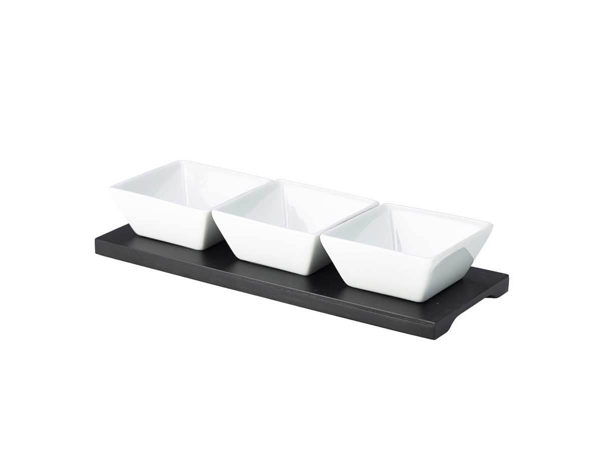 Bandeja de madera con 3 cuencos para salsa - 27 x 10 cm (4 juegos)