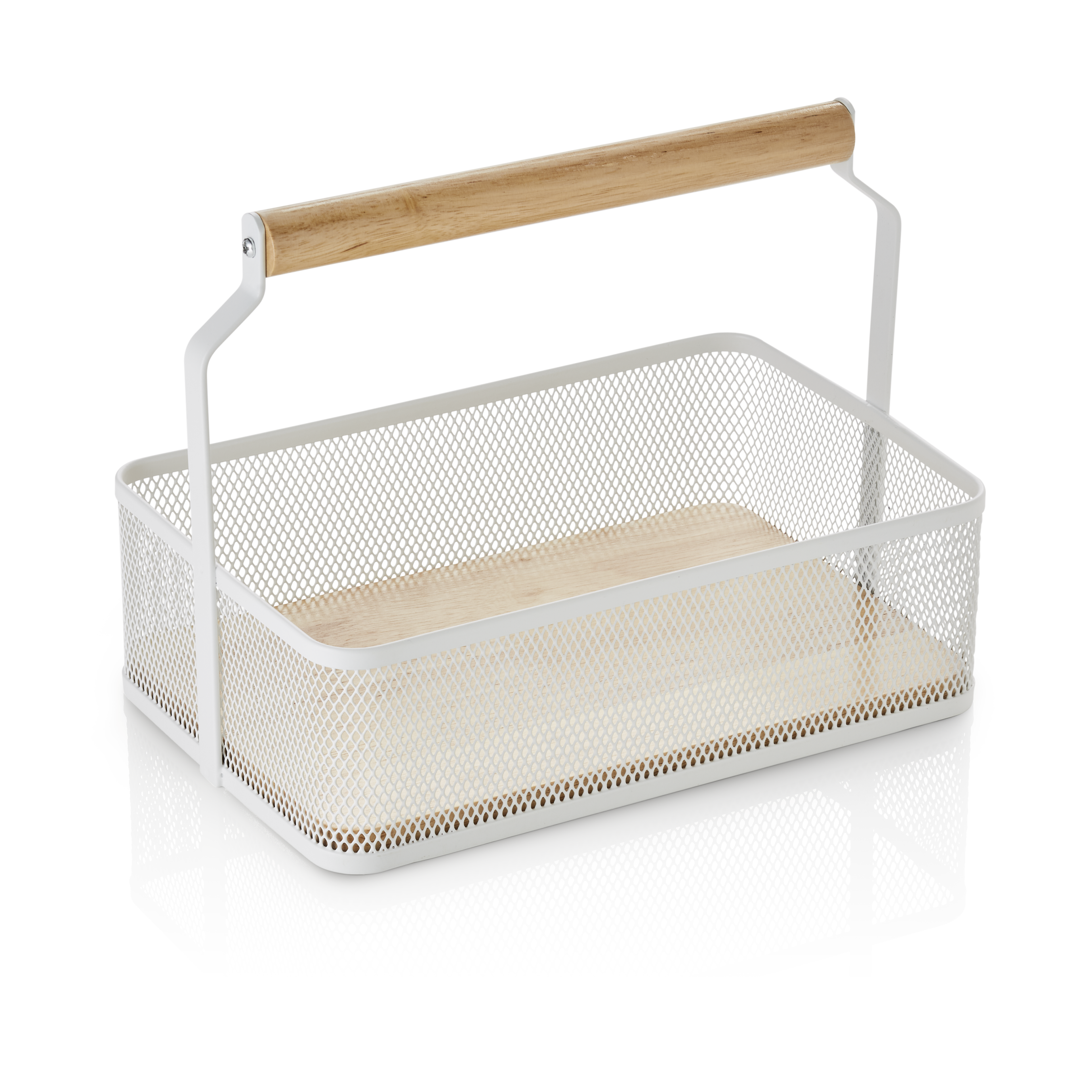 Table Caddy / Metall Korb mit Holzgriff, 23,5x15,6x7,5cm - weiß