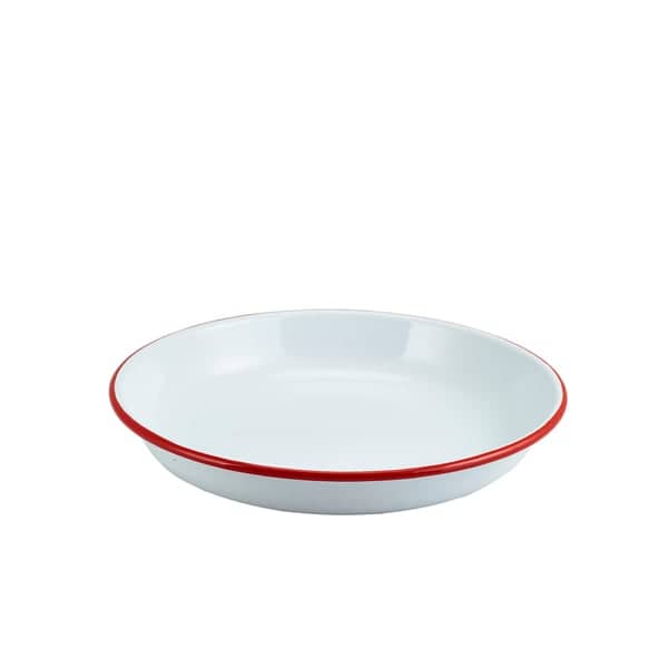 Enamel plate deep / Pasta plate, white with red rim - 24cm