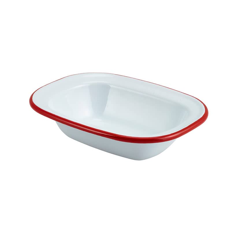 Bol en émail rectangulaire, blanc avec bord rouge - 16 x 12 x 3,5 cm (12 pièces)
