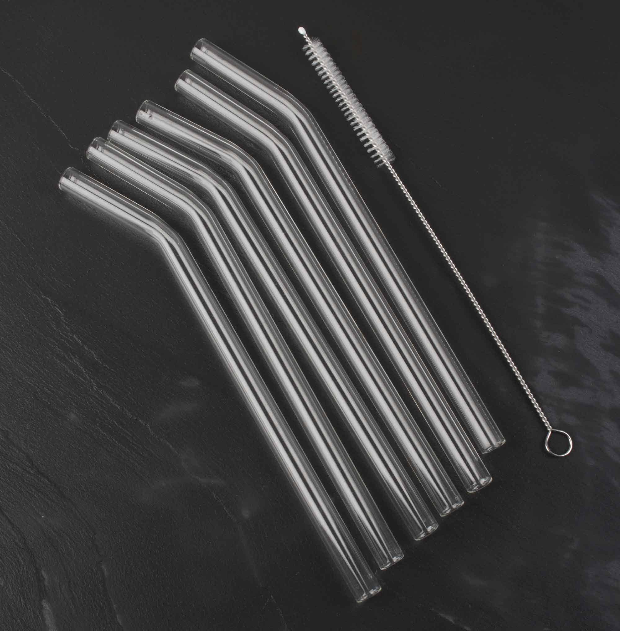Pailles en verre courbées, 10x200mm (6 pcs + brosse de nettoyage)