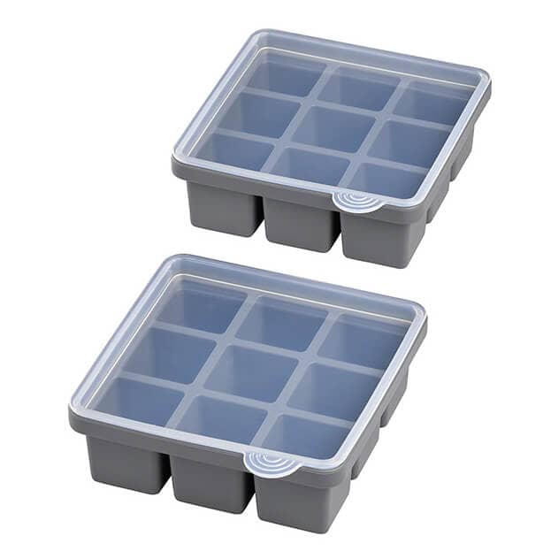 Bac à glaçons avec couvercle, silicone, 9 compartiments de 4 x 4 cm (2 pcs)