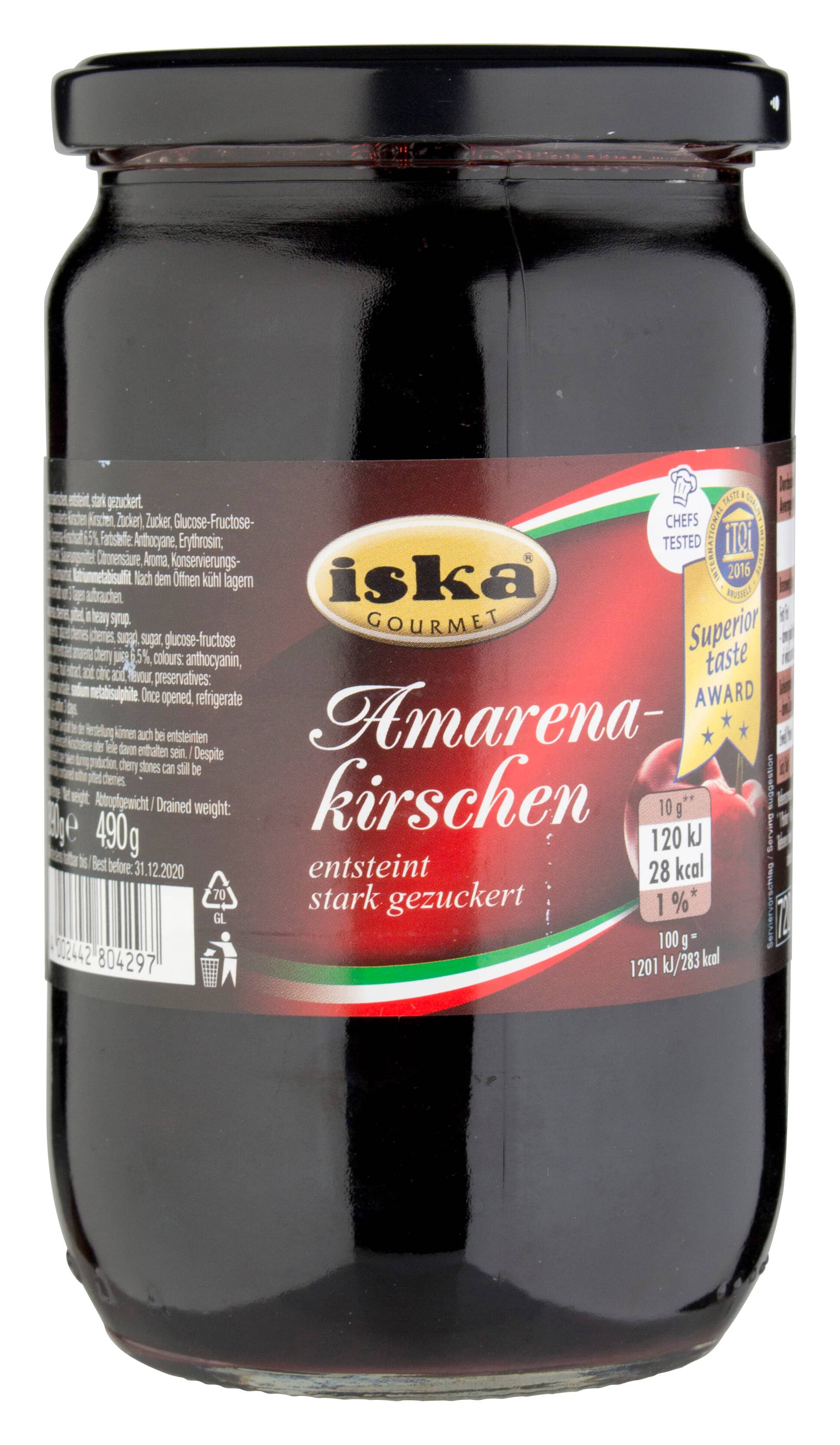 Cerezas Amarenas deshuesadas, altamente azucaradas - Iska (890 g)