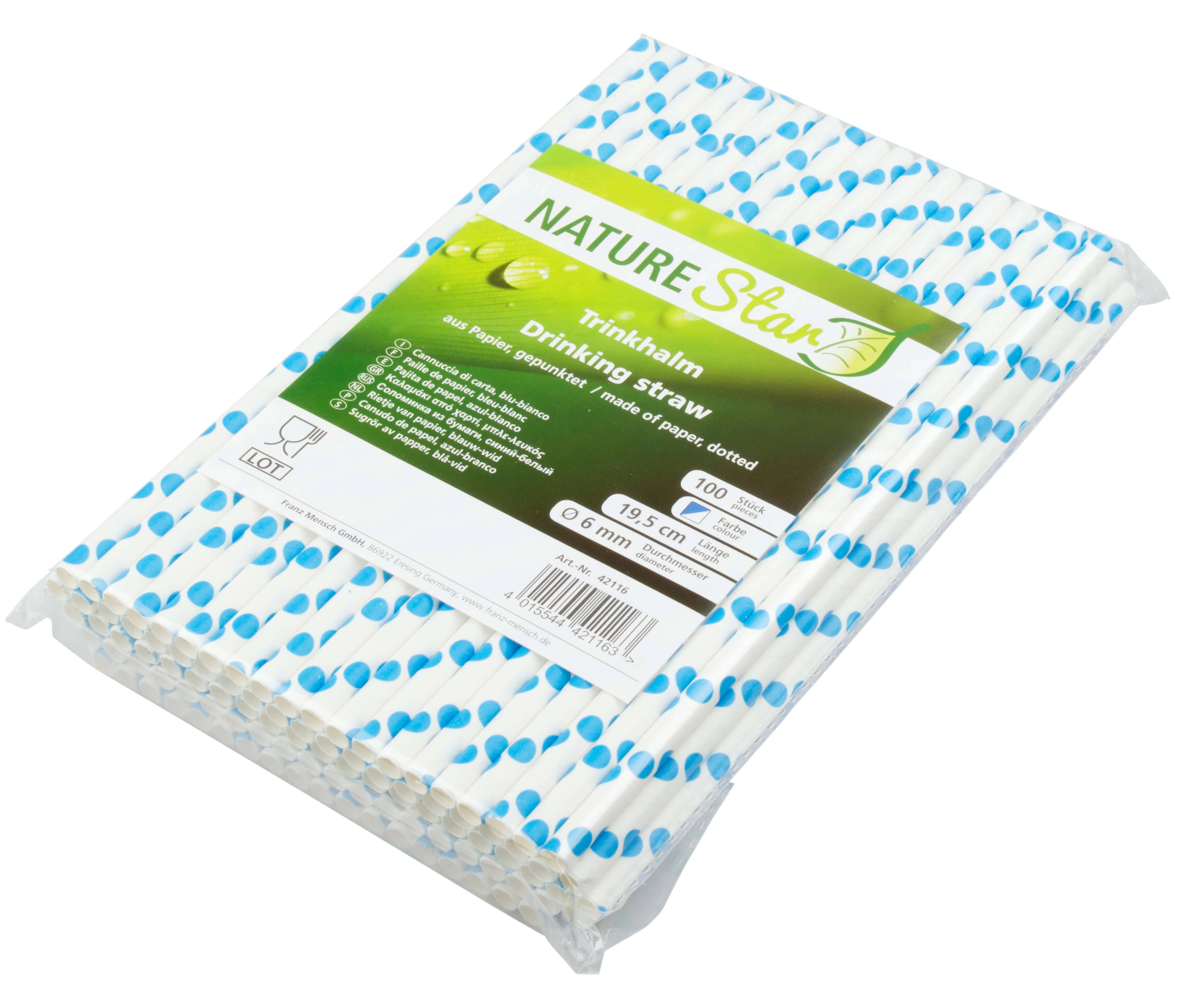 Pajitas, papel (6 x 195 mm), lunares (azul y blanco) - 100 uds.