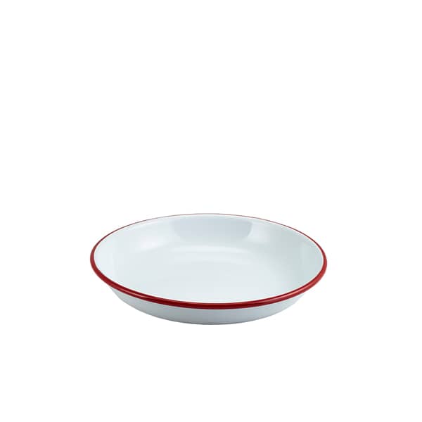 Assiette creuse en émail / assiette à pâtes, blanche avec bord rouge - 20 cm