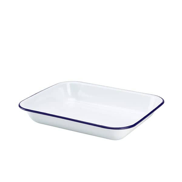 Plat à gratin en émail, blanc avec bord bleu - 31 x 25 x 5 cm