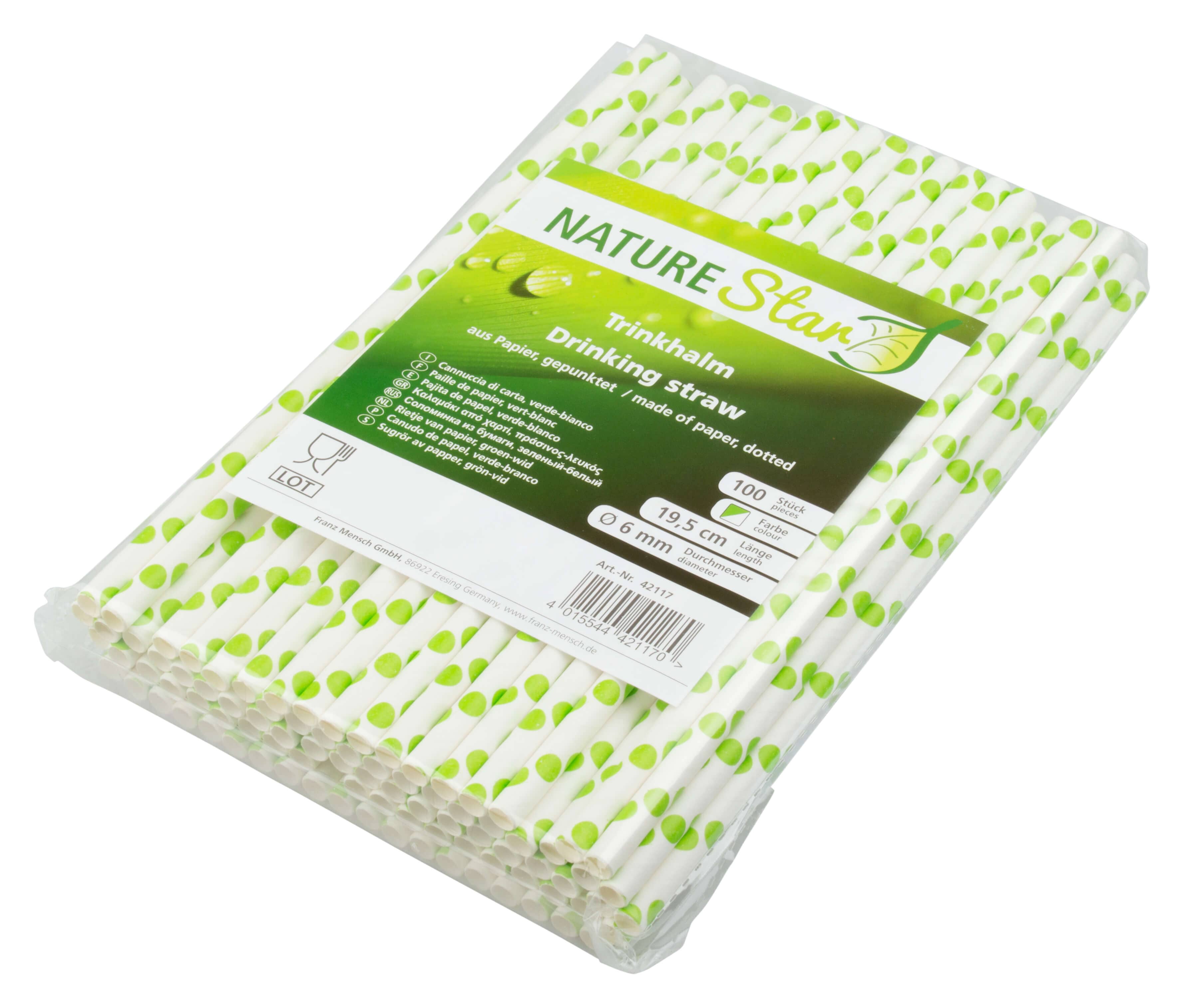 Pajitas, papel (6 x 195 mm), lunares (verde y blanco) - 100 uds.
