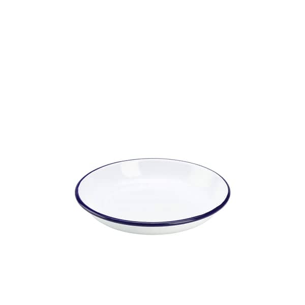 Plato hondo esmaltado / plato para pasta, blanco con borde azul - 18 cm